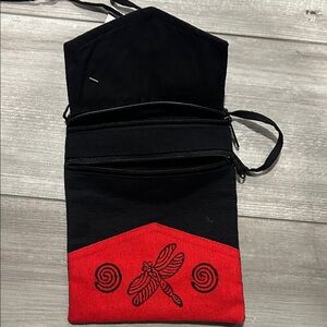 NWT Fair Trade Dragonfly Crossbody Bag Black Red Embroidered Artisan Purse